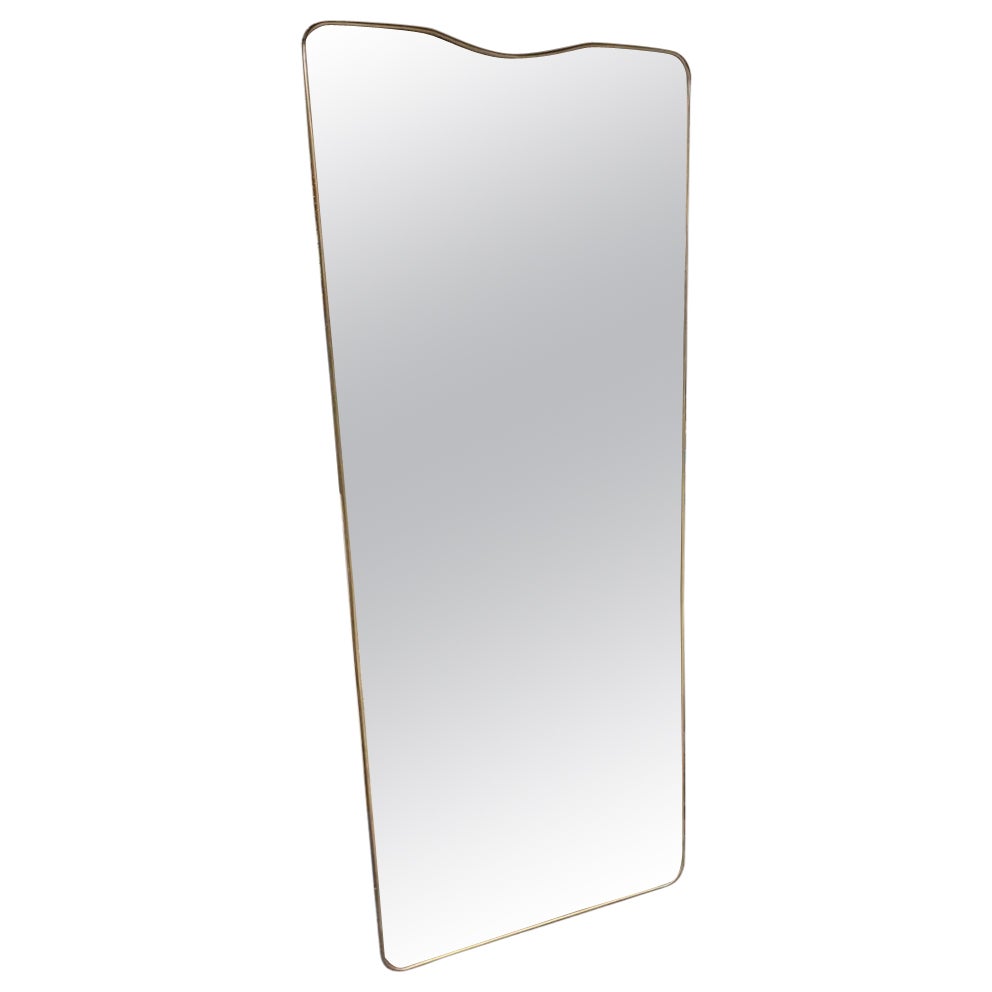 Large Slim Midcentury Brass Mirror, Italy-Super Profile