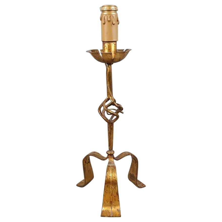neoclassical table lamp in golden wrought iron circa 1950 For Sale