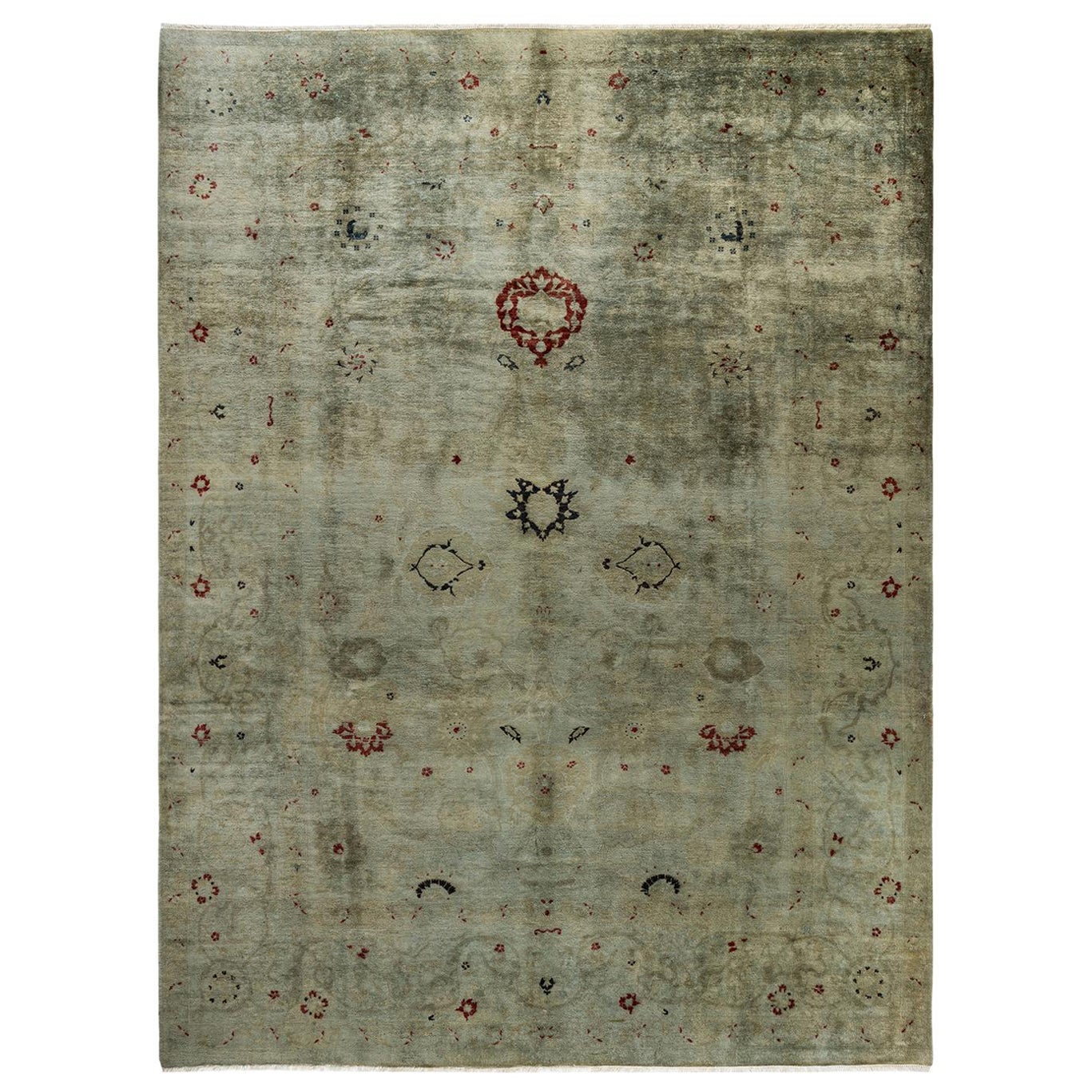 Overdyed Hand Knotted Wool Green Area Rug For Sale