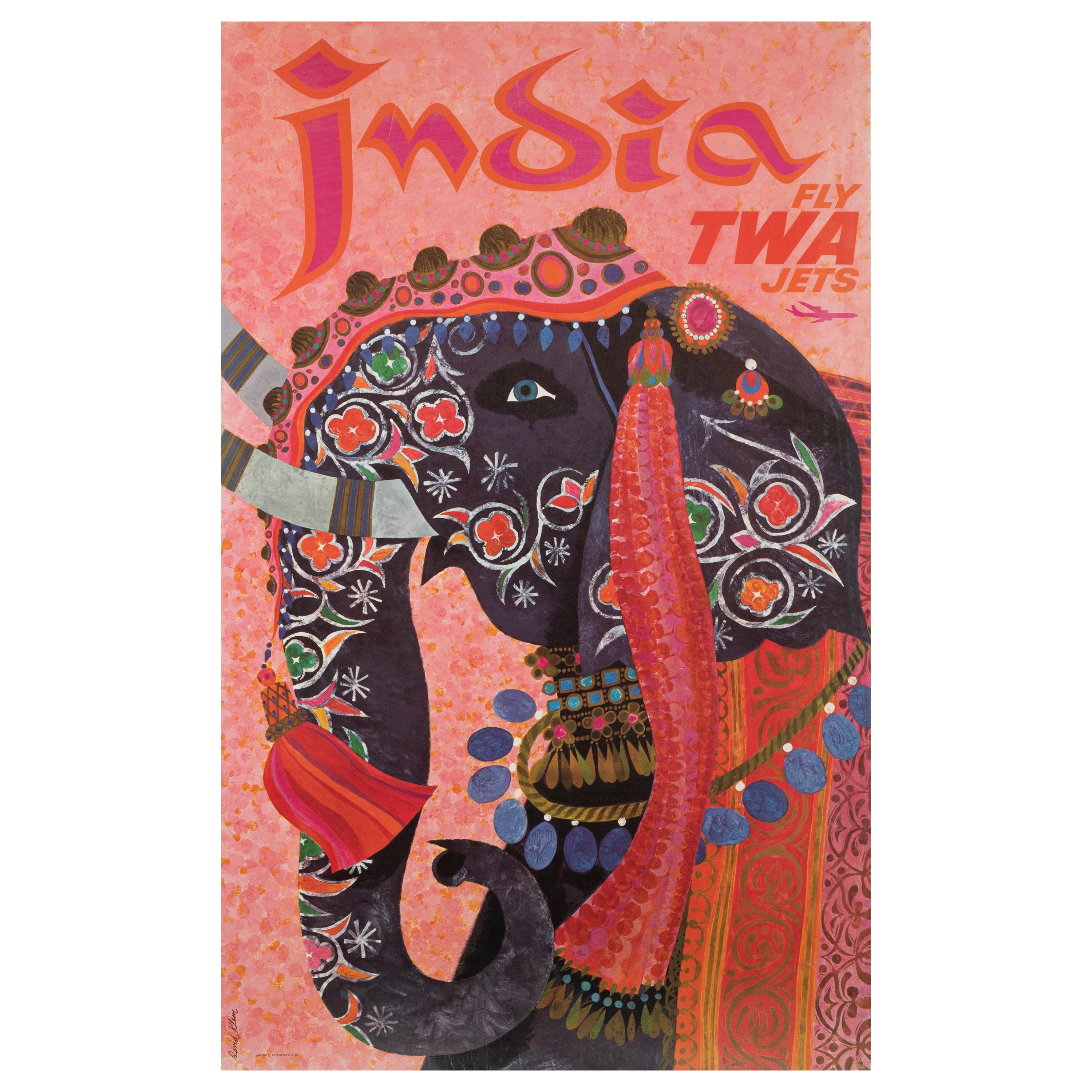 Klein, Original TWA Poster, India, Sacred Elephant, Plane, Tourism Aviation 1960