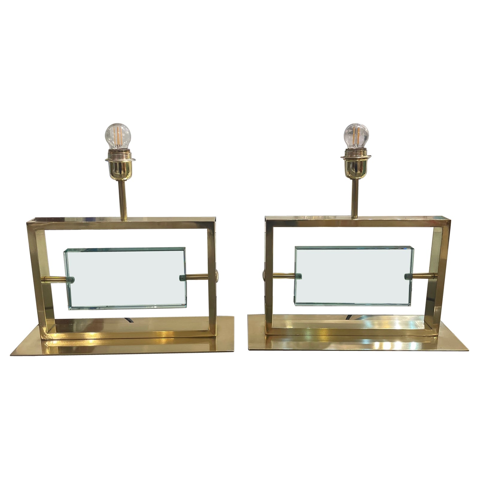 Pair of Table Lamps in Brass and Clear Glass, circa 1960
