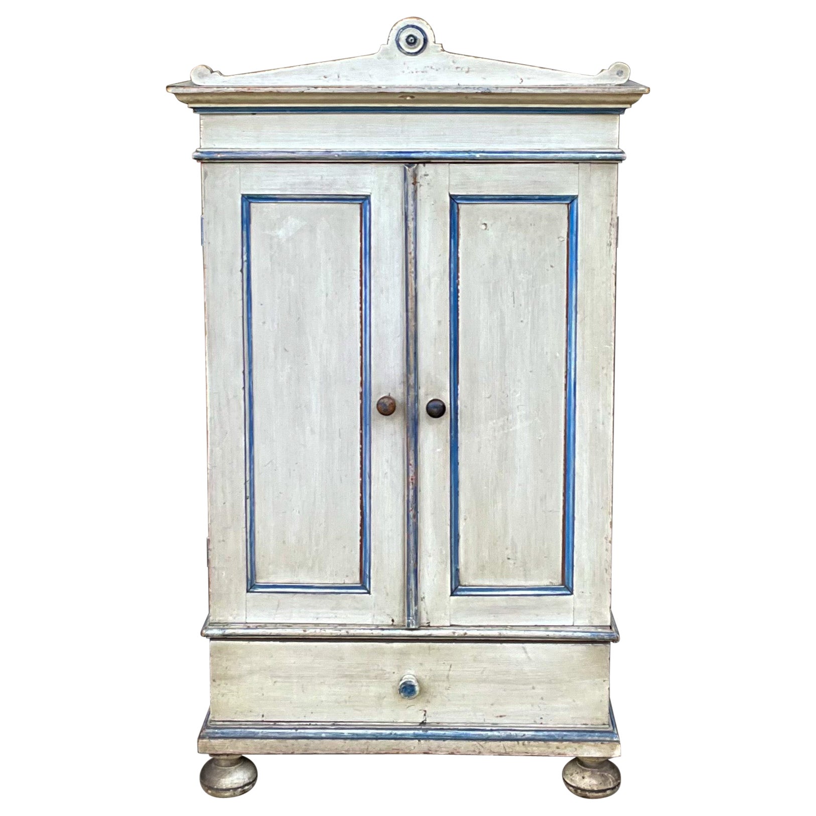 French Primitive Petite Blue & White Painted Pine Armoire / Wall Cabinet 