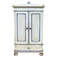 French Primitive Petite Blue & White Painted Pine Armoire / Wall Cabinet
