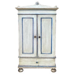 French Primitive Petite Blue & White Painted Pine Armoire / Wall Cabinet 