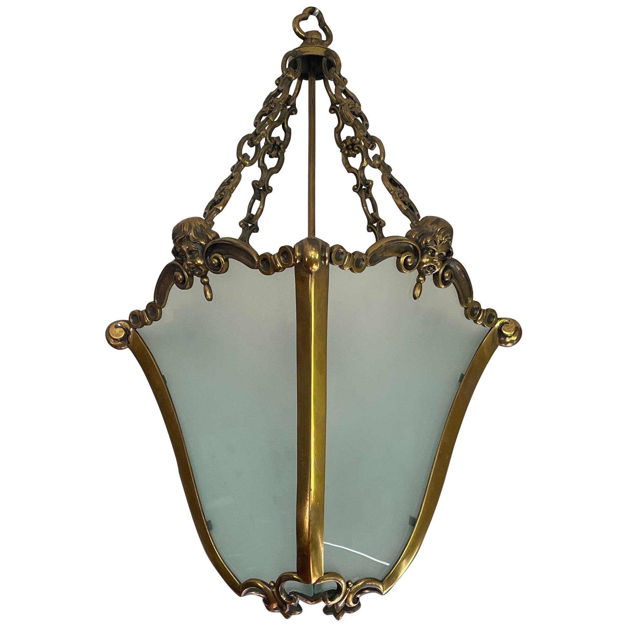 Grande lanterne d'entrée victorienne en bronze antique et verre. Sculpture d'ange