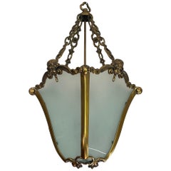 Grande lanterne d'entrée victorienne en bronze antique et verre. Sculpture d'ange