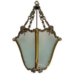 Large Antique Bronze & Glass Victorian Hall Lantern / Pendant w. Angel Sculpture