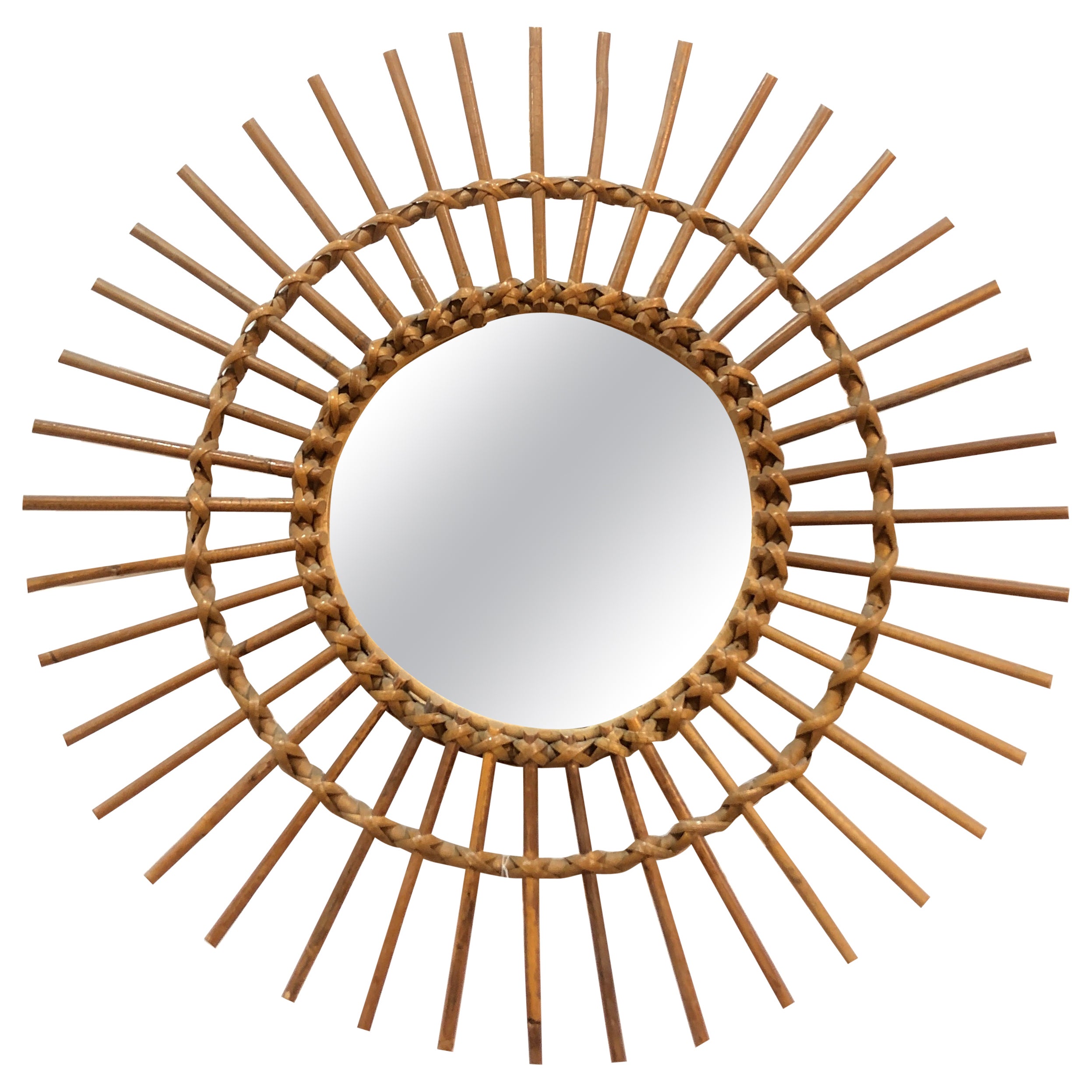 1960's Italian Sunburst Bamboo / Rattan Wall Mirror.