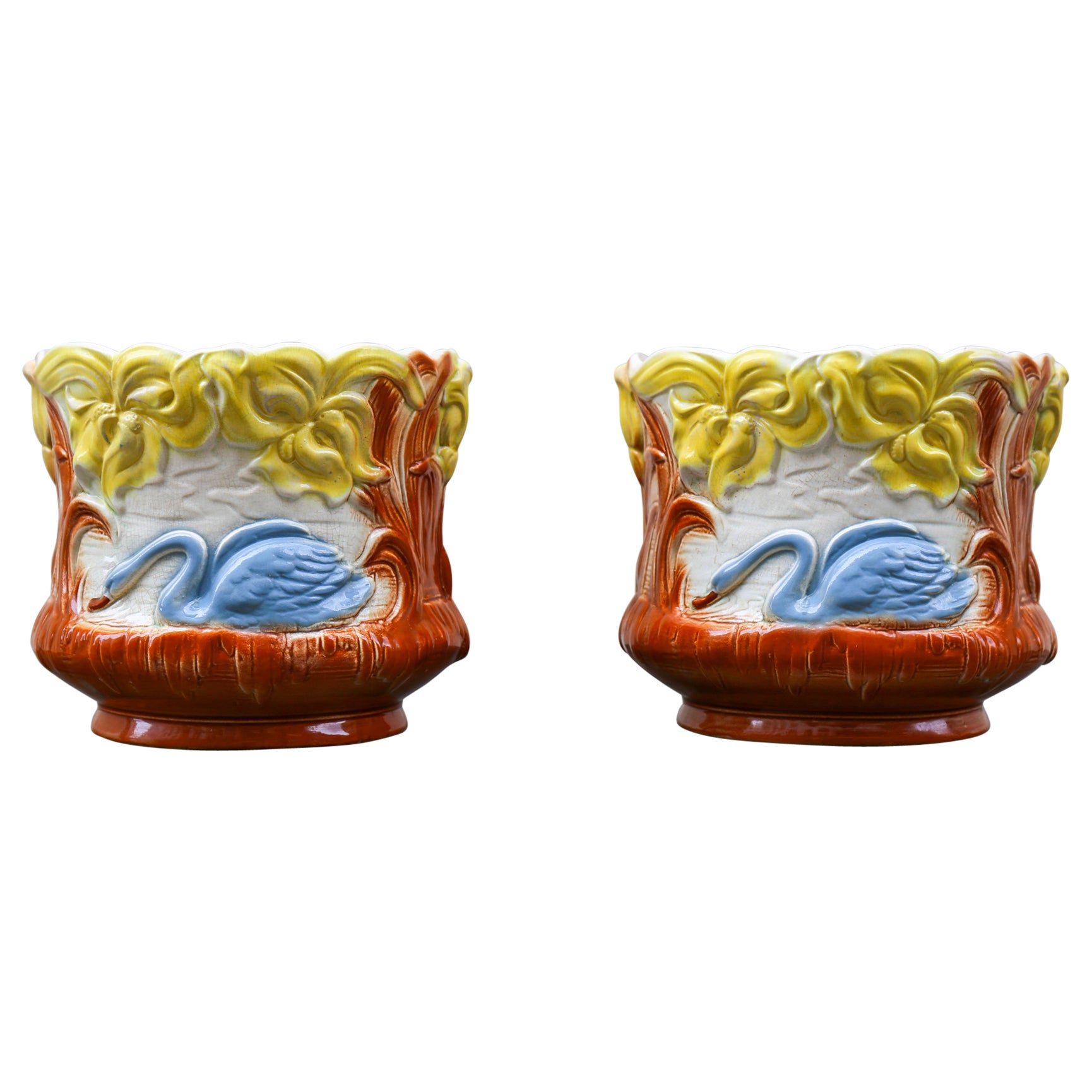 Pair Art Nouveau Swan Planters Jardinieres, Majolica, early 20th Century, France For Sale