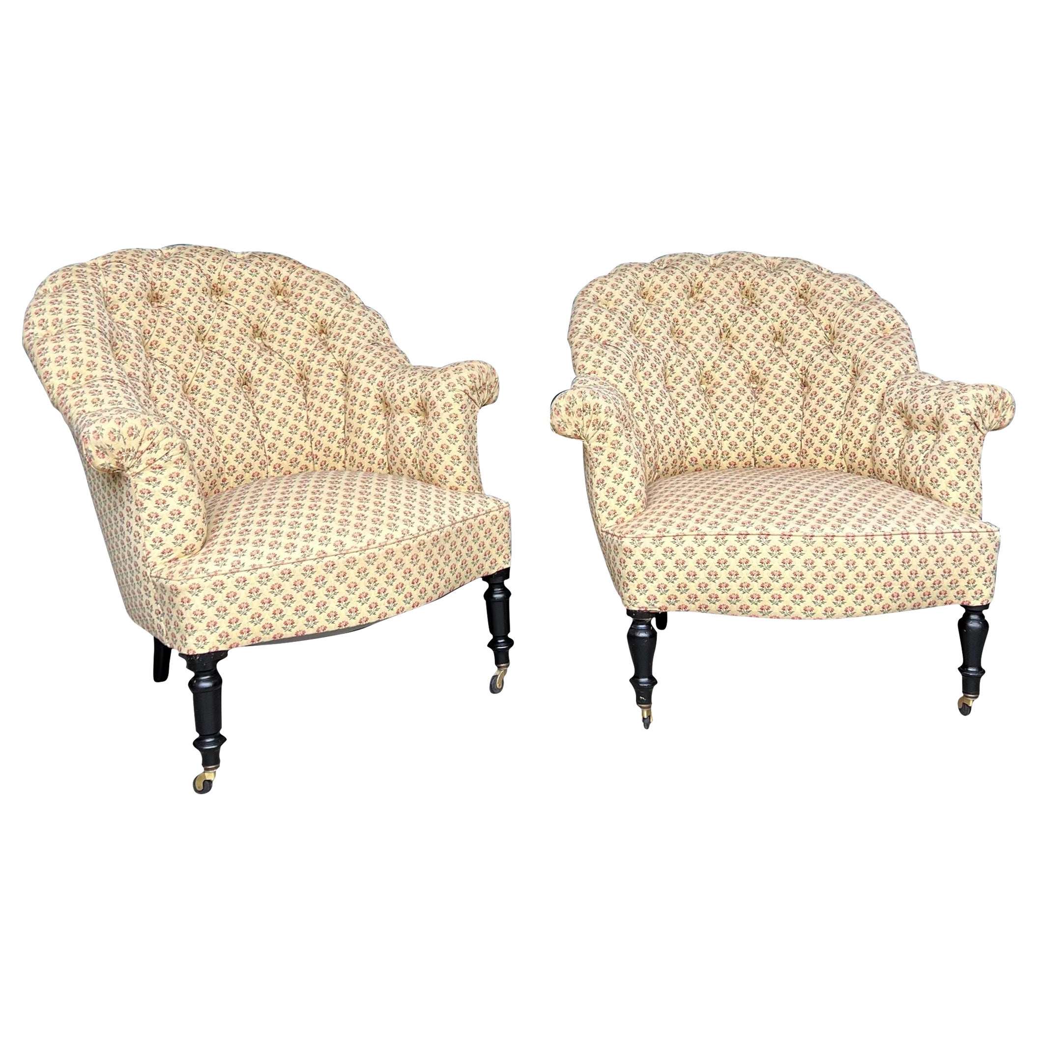 Pair of French Napoleon III Tufted Armchairs