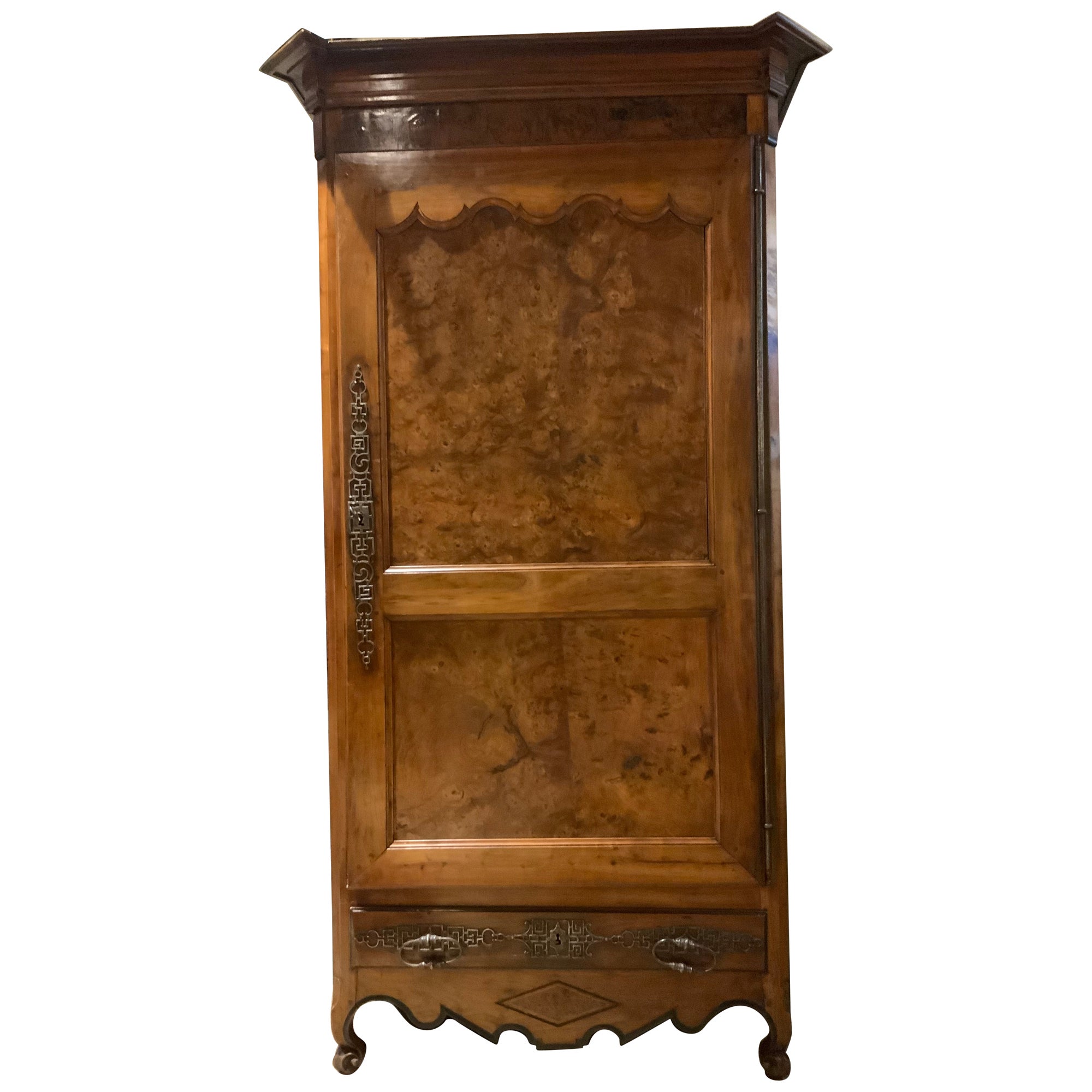 French provincial armoire/Bonnetiere 19 th c burled walnut For Sale