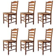 Retro Set of 6 Italian Pine and Rush Ladderback Dining Chairs