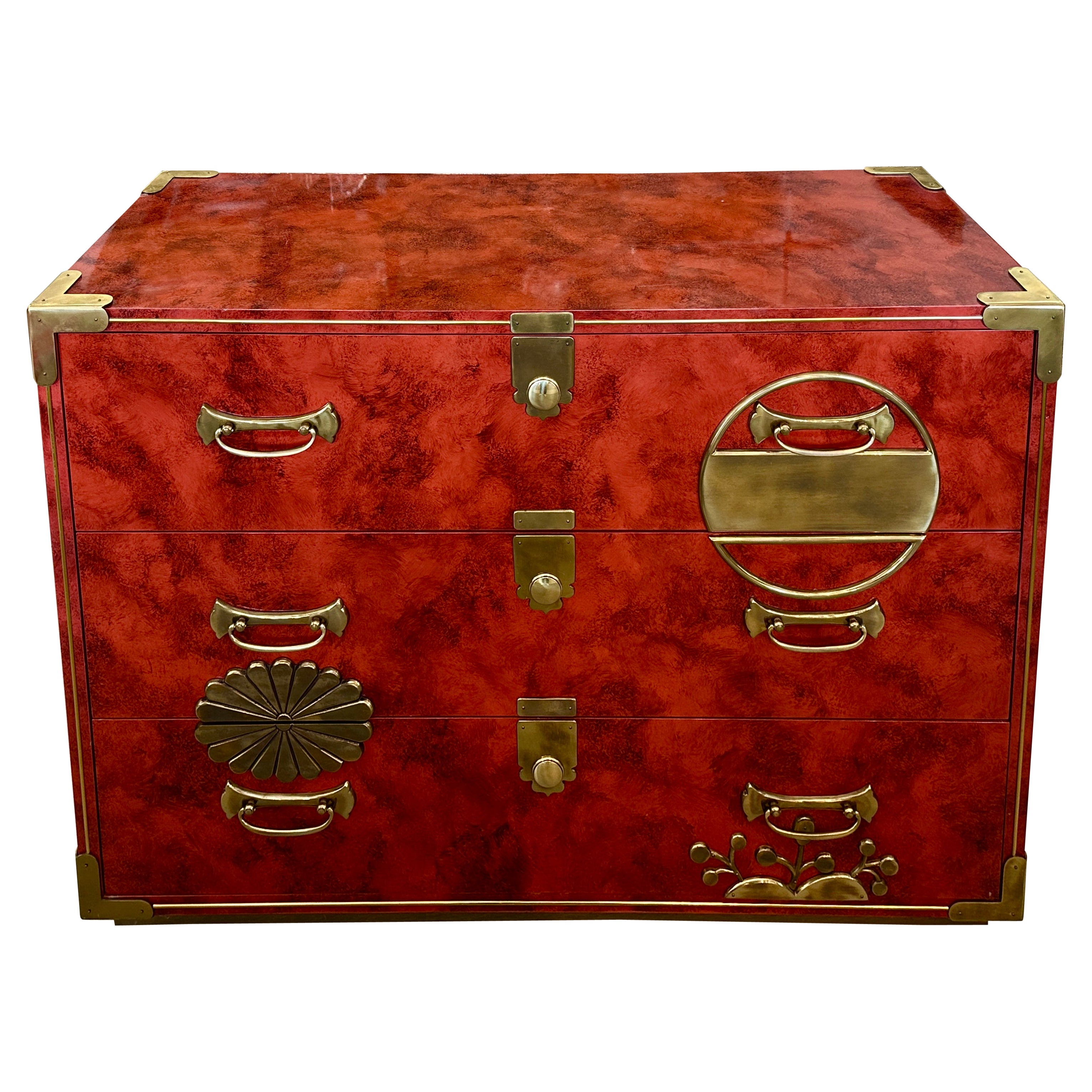 Stunning Coral Red Lacquer & Brass Mastercraft Asian Chest For Sale
