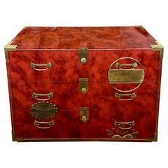 Stunning Coral Red Lacquer & Brass Mastercraft Asian Chest