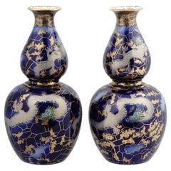 Antique English Asian Porcelain Gourd Blue Enamel Vases With Dragons