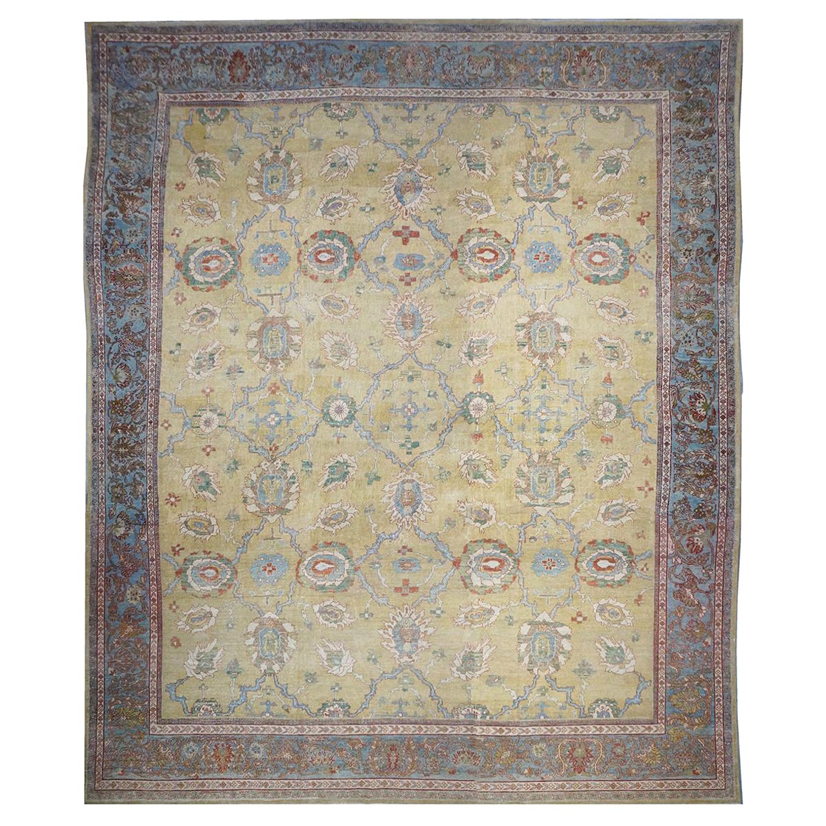 1880s Antique Persian Sultanabad 16x19 Tan, Blue, & Ivory Handmade Area Rug For Sale
