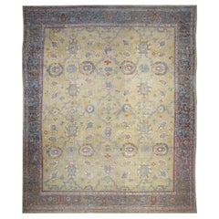 1880s Used Persian Sultanabad 16x19 Tan, Blue, & Ivory Handmade Area Rug