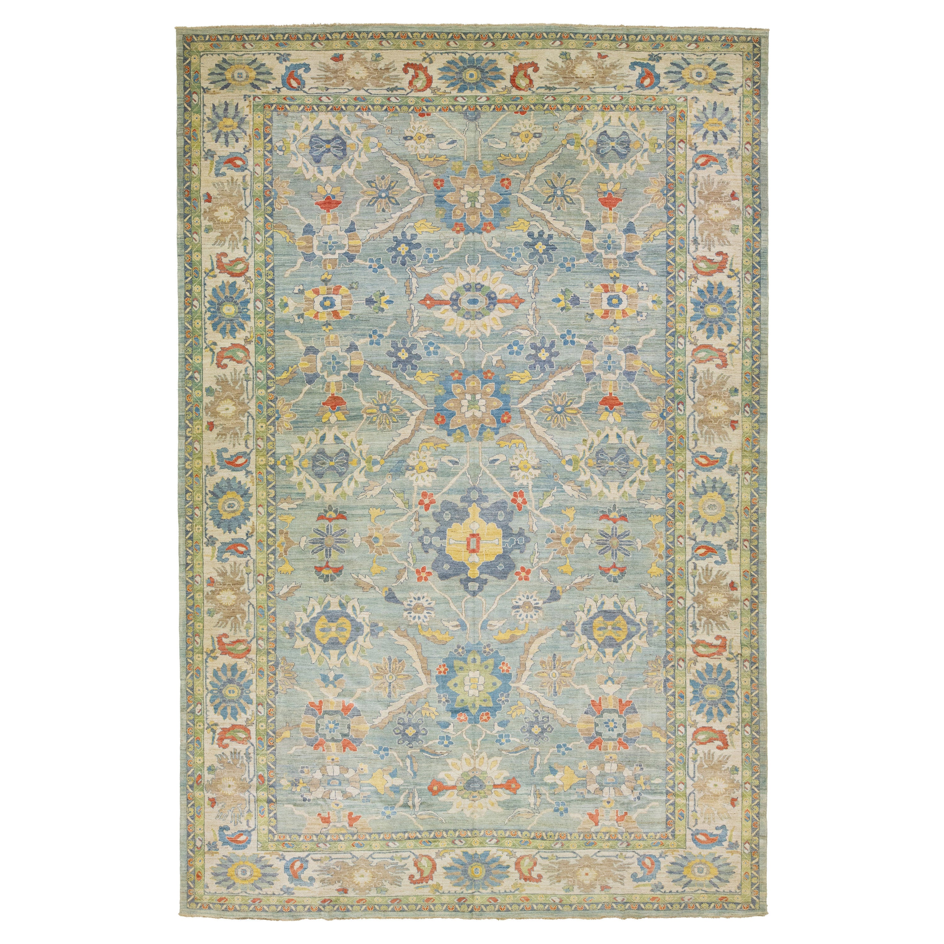  Blue Sultanabad Oversize Wool Rug with Modern Floral Design For Sale