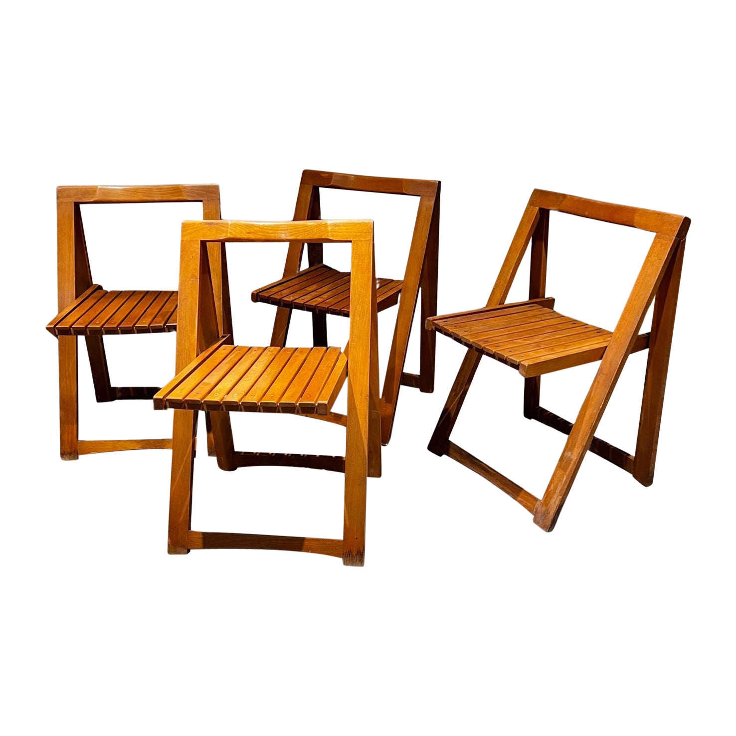 1960s Set Four Folding Wood Trieste Chairs Aldo Jacober Alberto Bazzani For Sale