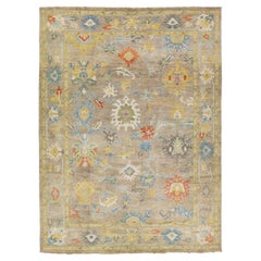 Room Size Handmade Wool Rug Contemporary Floral Mahal In Light Brown