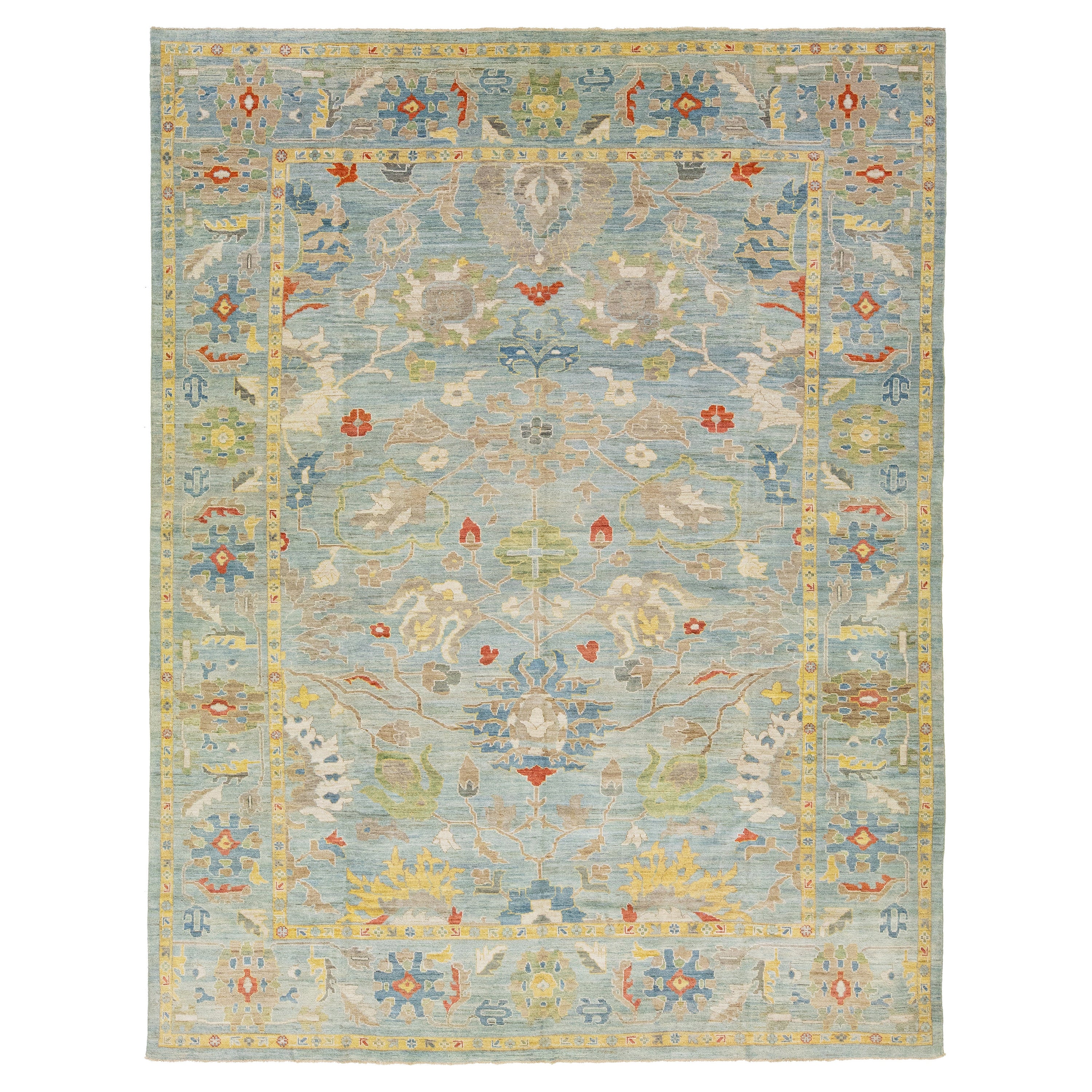 Contemporary Sultanabad Blue Wool Rug Handmade With Floral Pattern For Sale