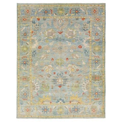 Tapis contemporain en laine bleue de Sultanabad fait à la main avec motif floral