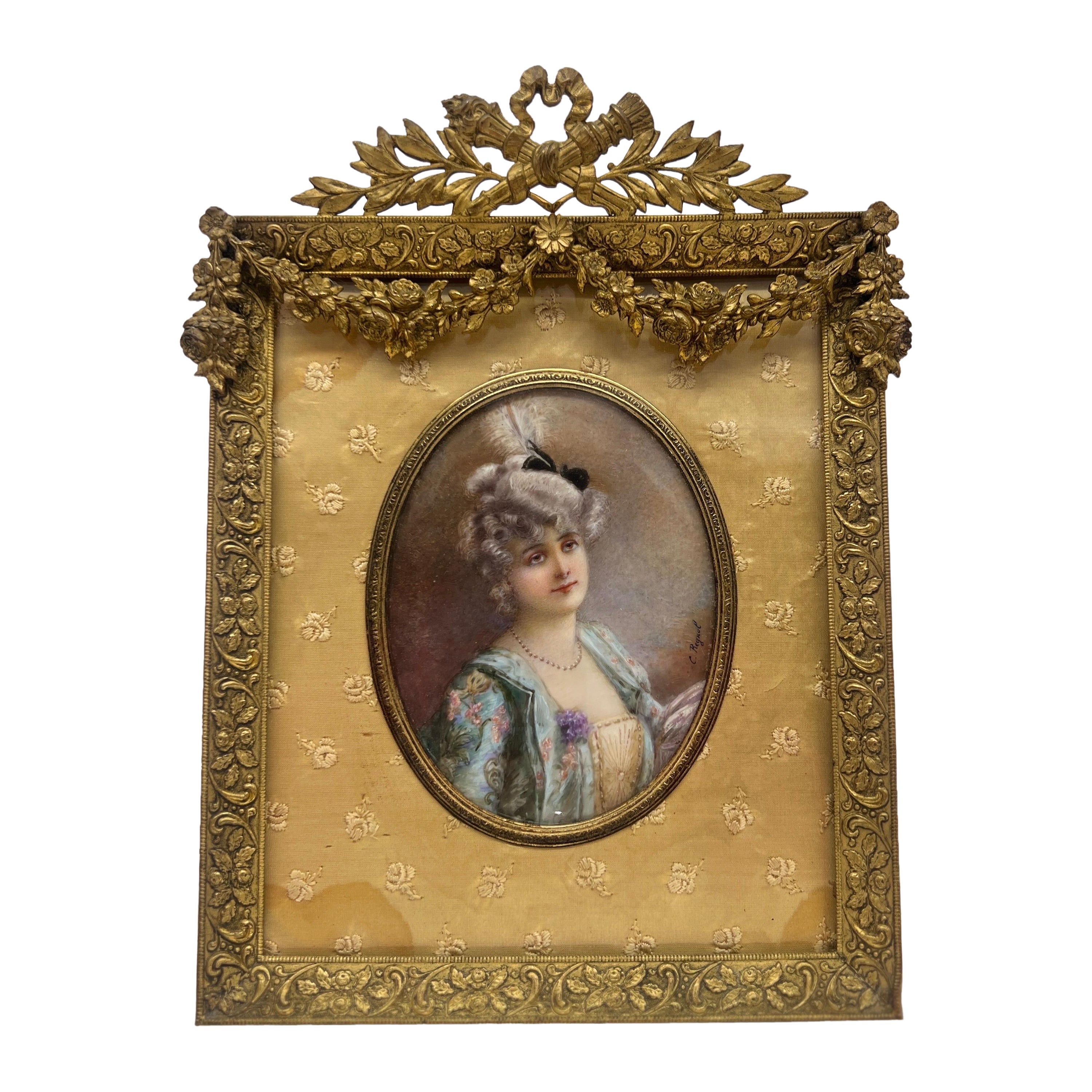 19ème siècle, peinture à l'huile miniature française dans un cadre en bronze d'ore - signée