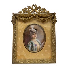 19th Century, French Miniature Oil Painting In D'ore Bronze Frame - Signed