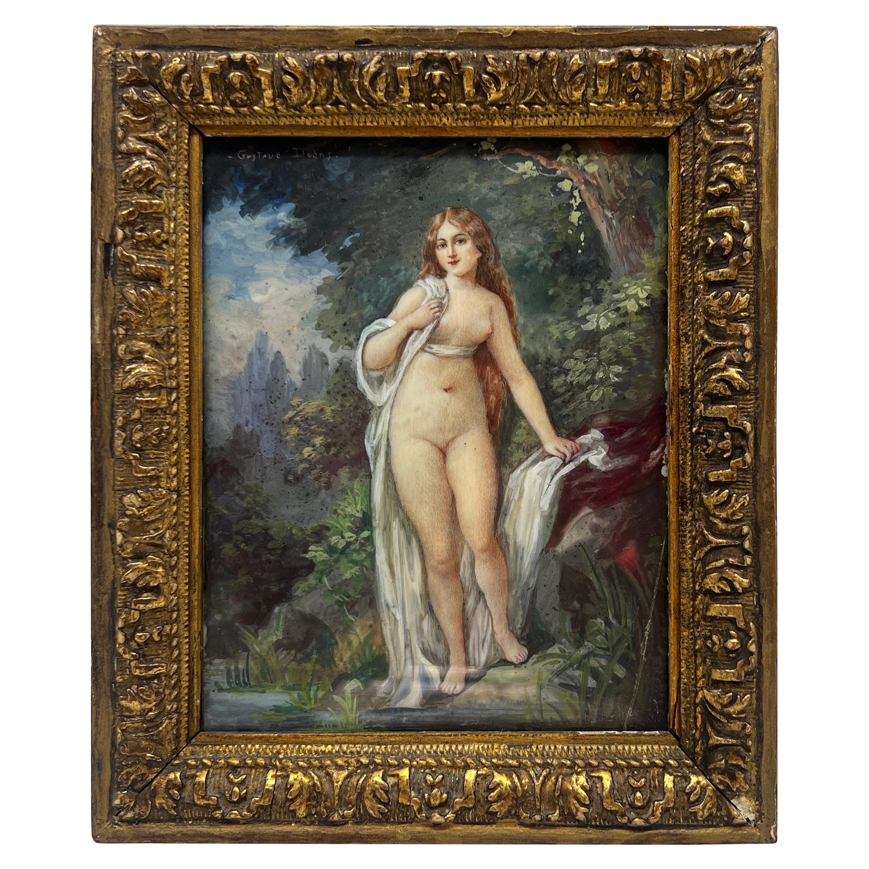 19th Century, Gustave Doens Painting on Celluloid of A French Nude Beauty For Sale