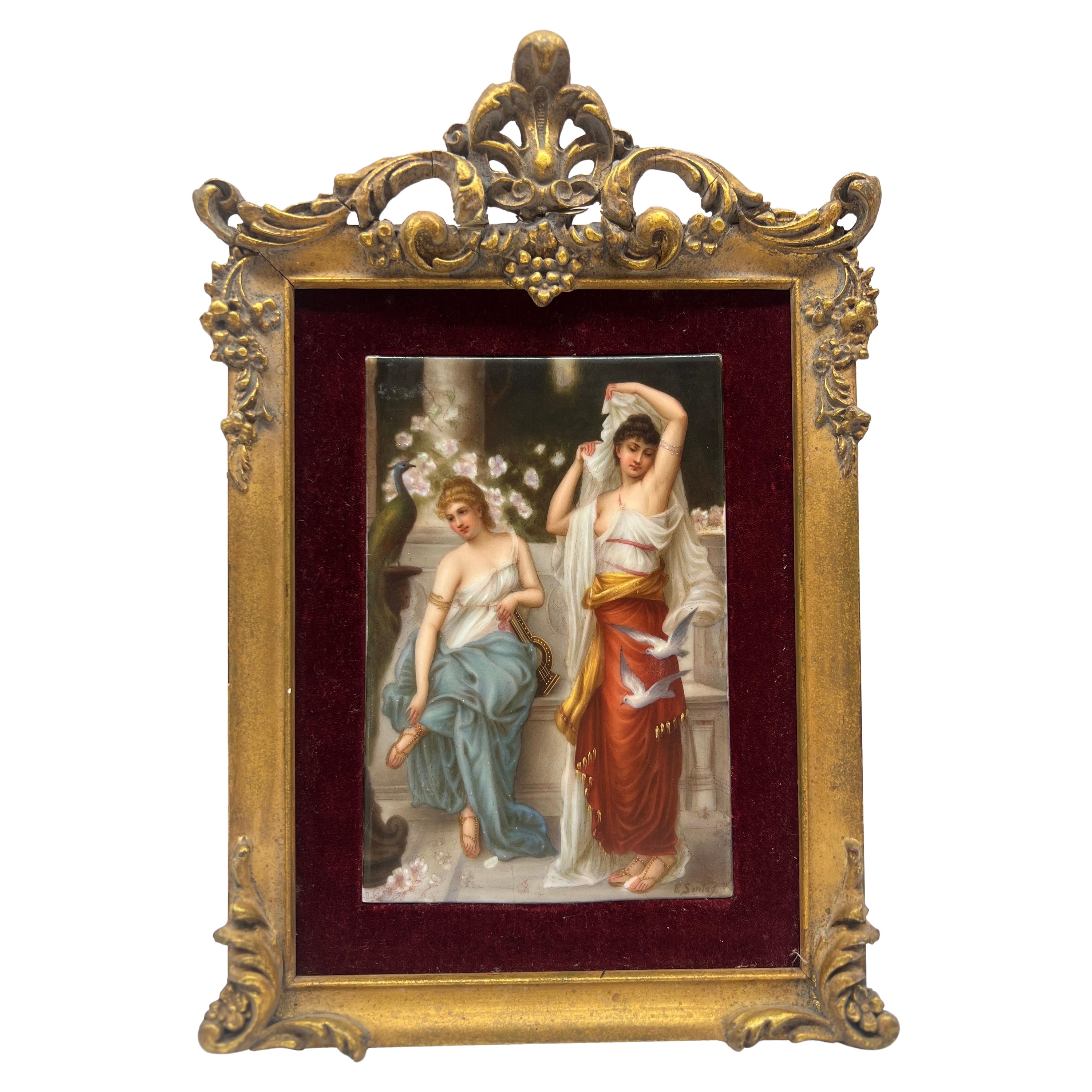 Italian Grand Tour Allegorical Porcelain Plaque of Two Graces - Circa 1900 For Sale