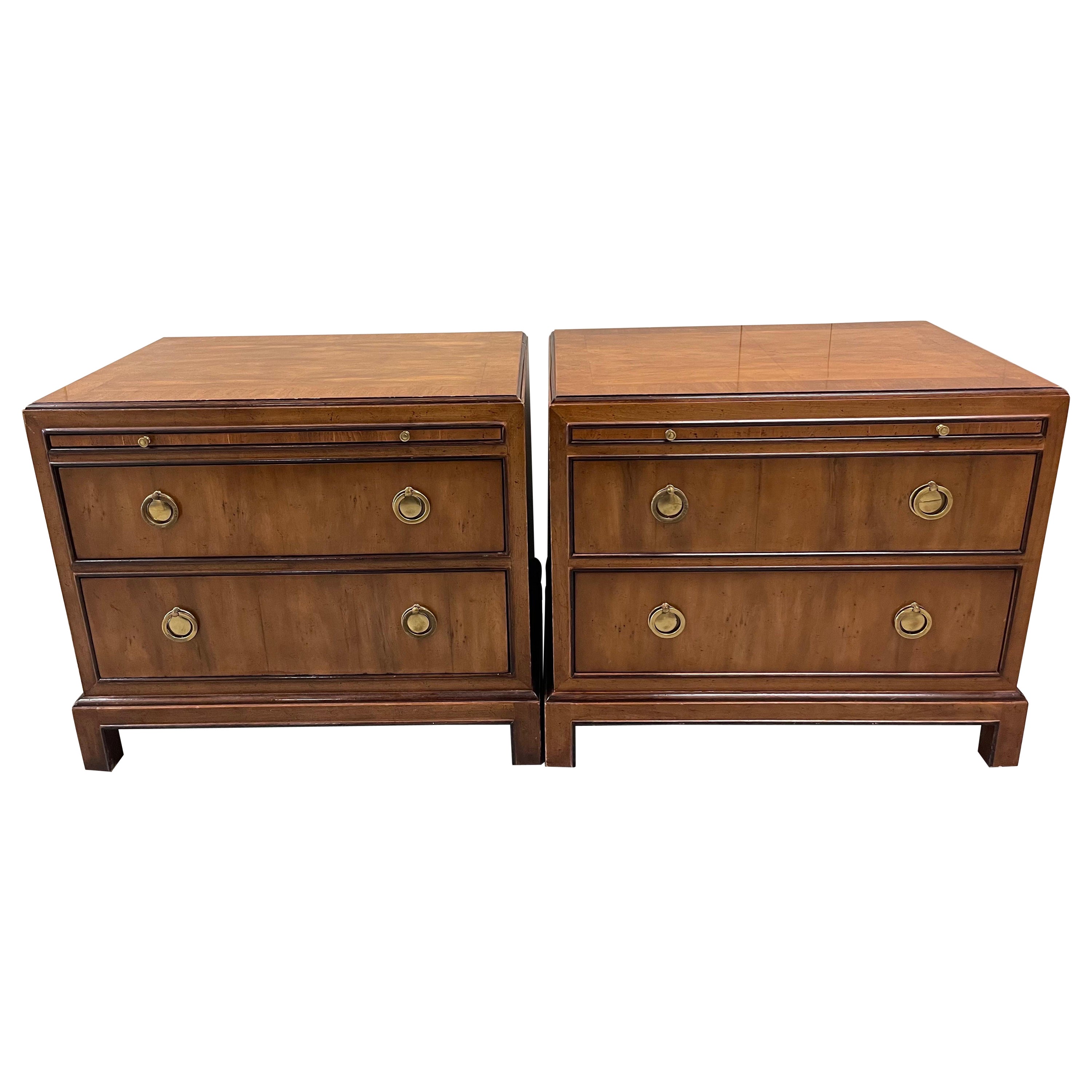 Drexel Heritage Campaign Style Burlwood Nightstands, Pair For Sale