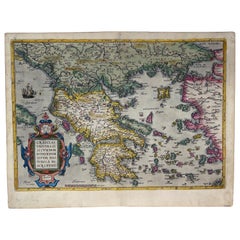 Antique Abraham Ortelius Map of Greece Hand Colored Engraving Circa 1579