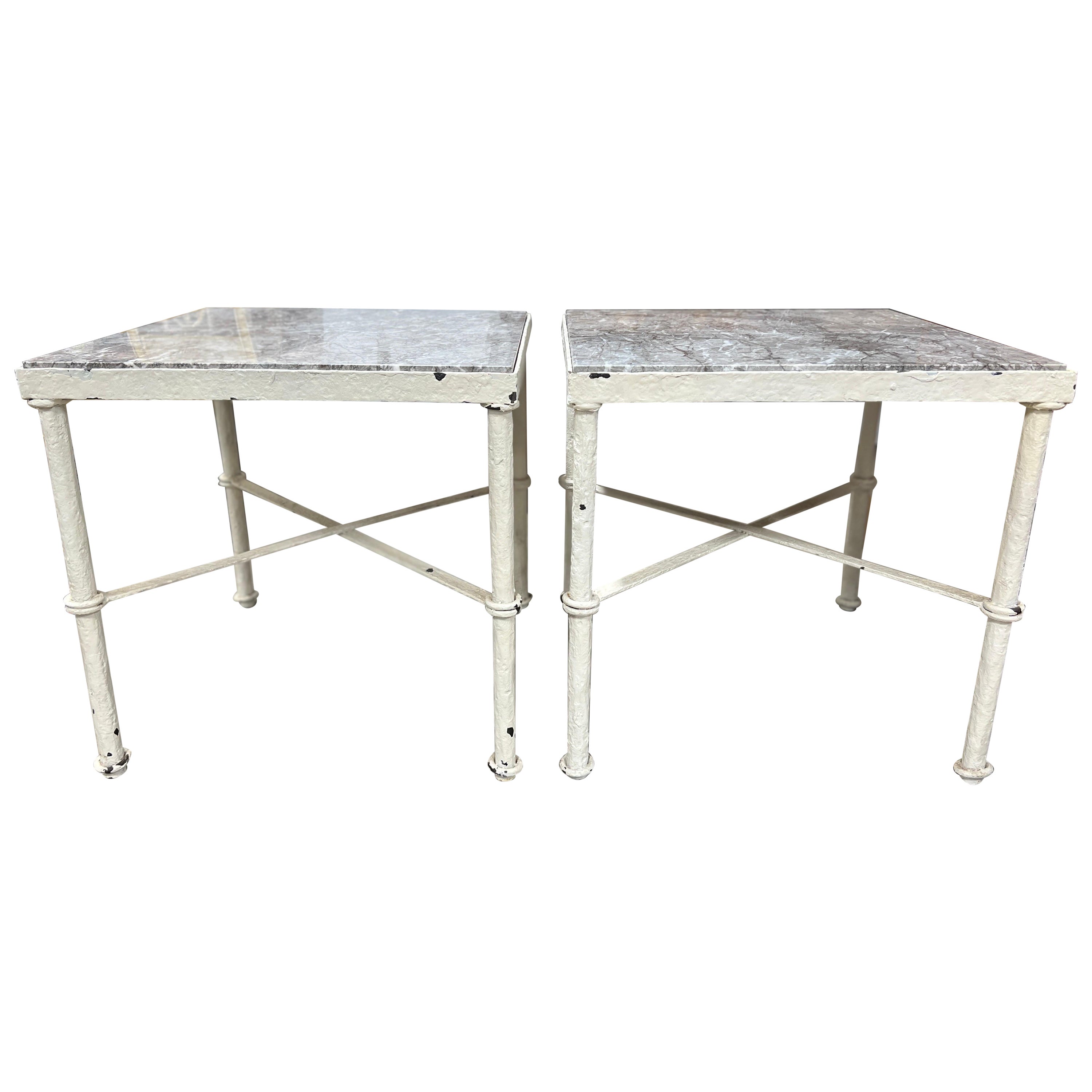 Pair, Brutalist Giacometti Style Iron & Marble Top Side Tables Circa 1960