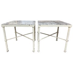 Vintage Pair, Brutalist Giacometti Style Iron & Marble Top Side Tables Circa 1960