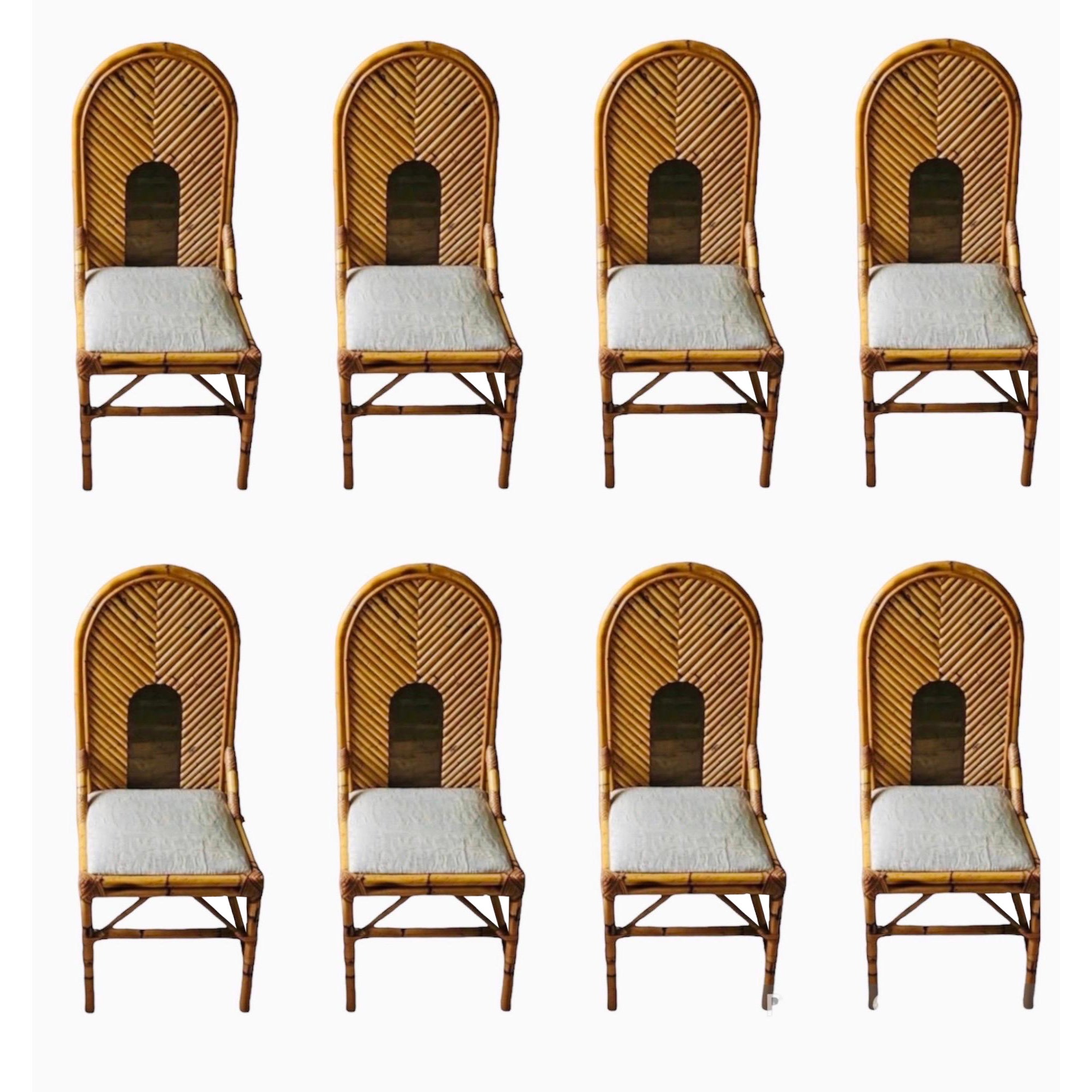 1970s Set of 8 Spectacular Bamboo and Brass Dining Chairs after Gabriella Crespi