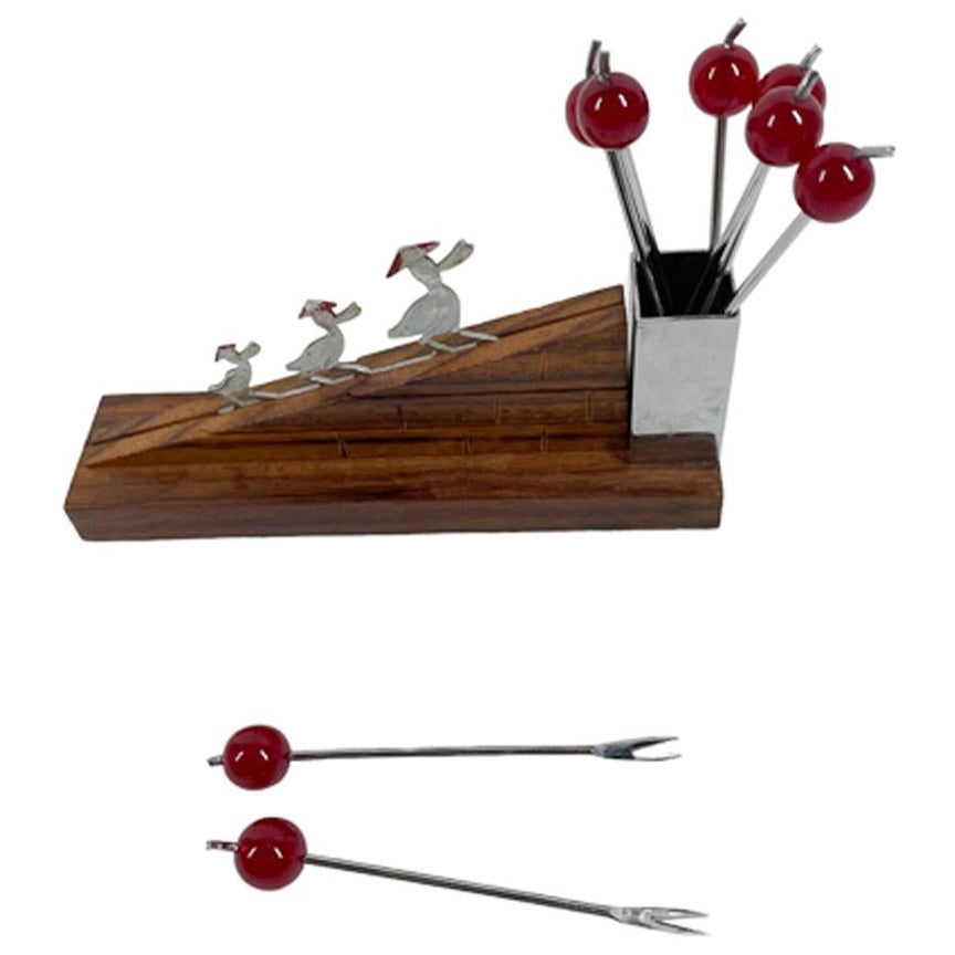 Art Deco Sudre Type Cocktail Pick Set w/Ducks Walking Up an Incline for Berries For Sale