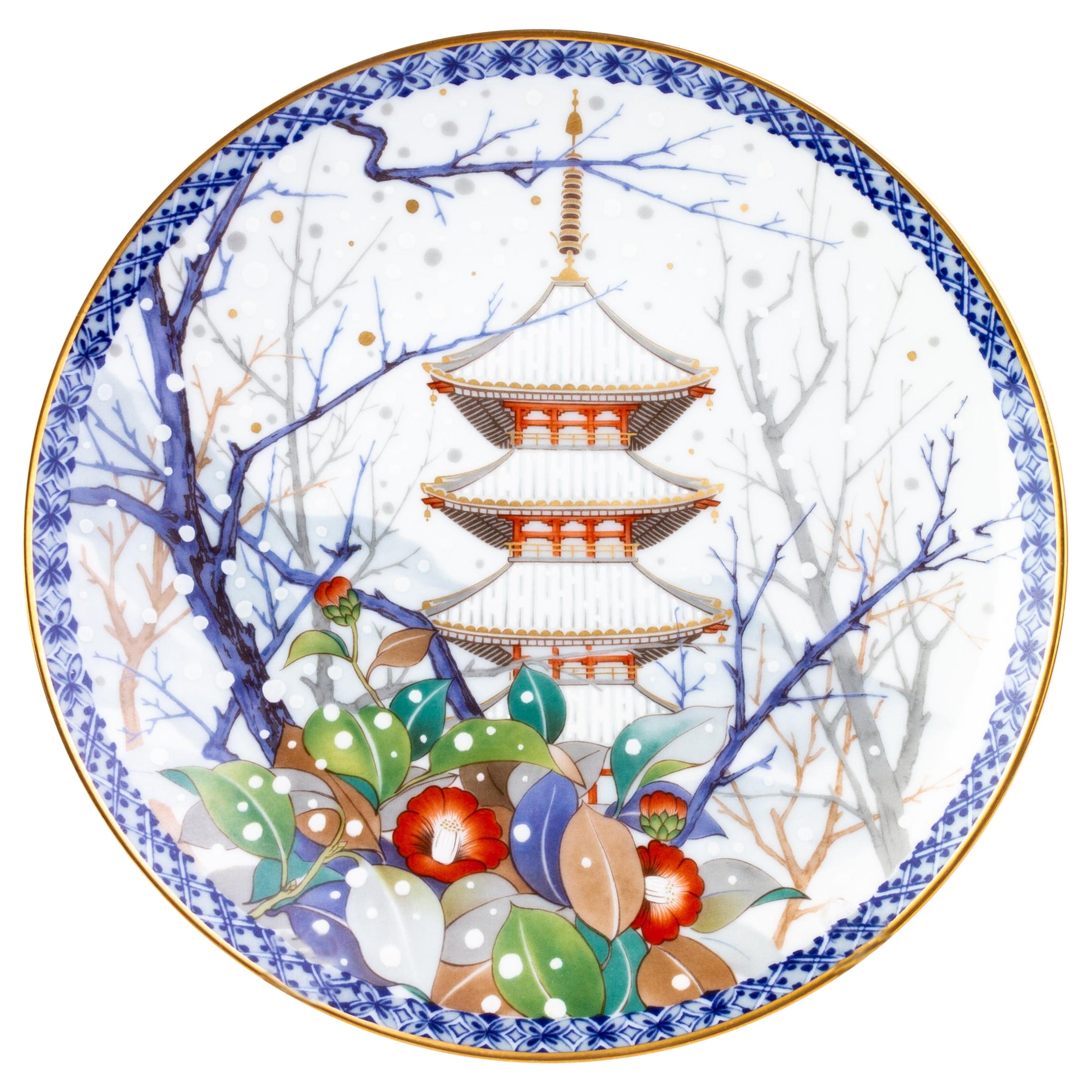 Signed Noritake Japanese Porcelain Winter Pagoda Plate  For Sale