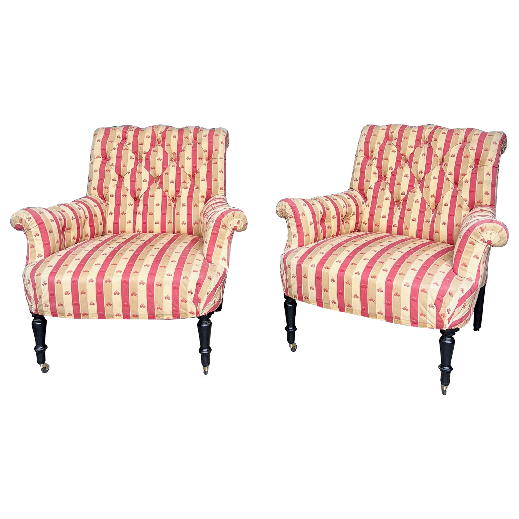 Pair of Large French Napoleon III  Armchairs in Striped Fabric  For Sale