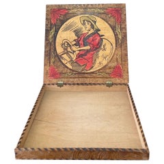 Retro Pyrography Box Featuring Motif of Woman Driving a Car