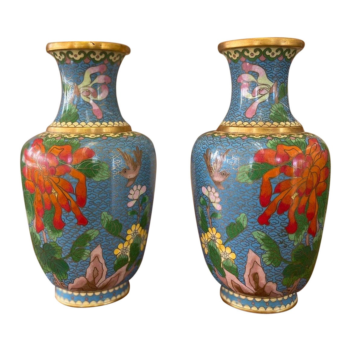 Pair of Vintage Vases With Floral and Bird Motif and Bright Colors. For Sale