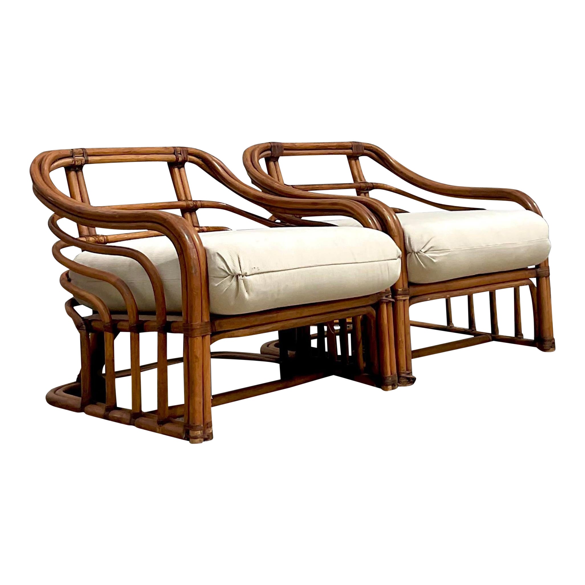 Vintage Coastal Tagged Brown Jordan Bent Rattan Lounge Chairs - a Pair