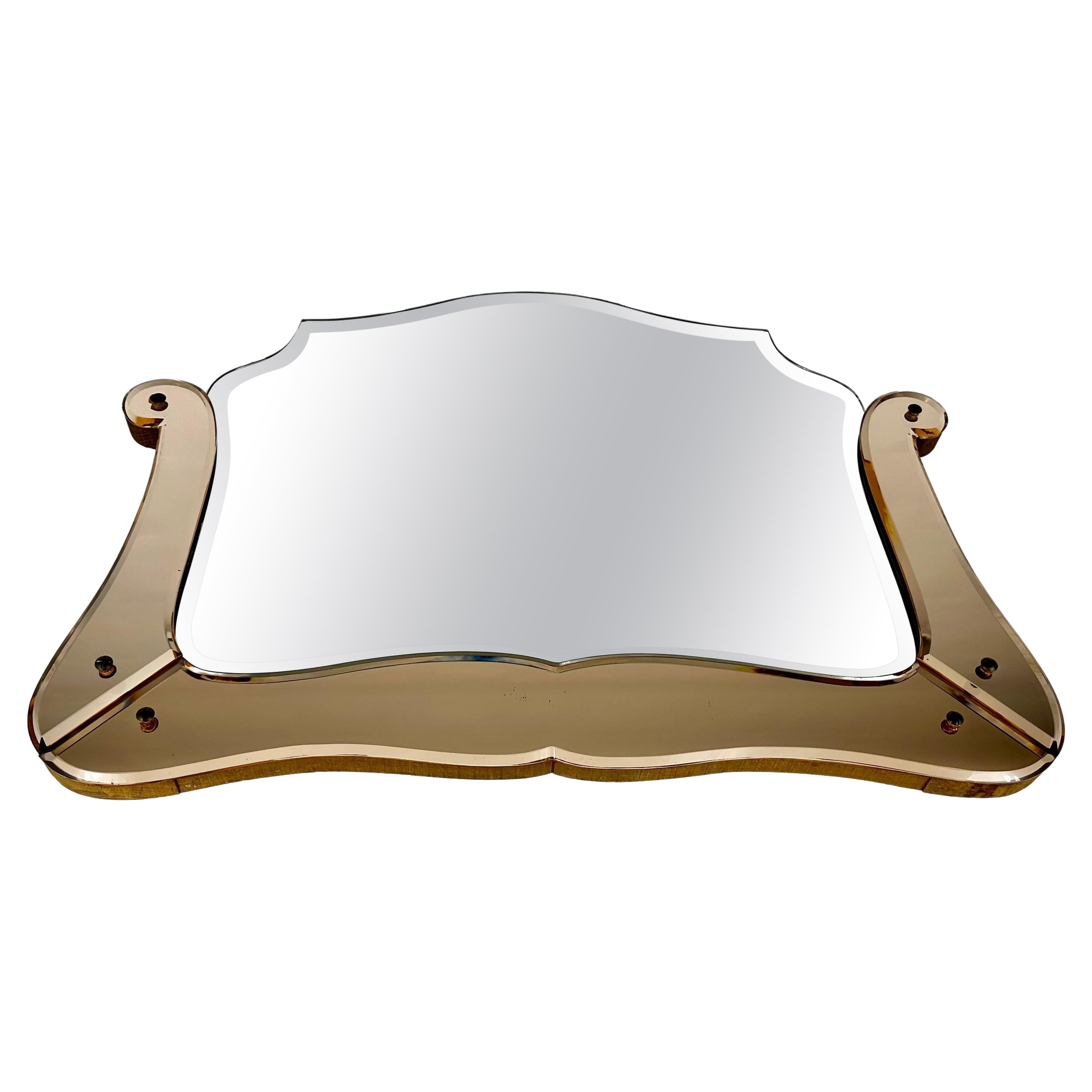 Espejo Vintage Art Deco de Cristal Rosa con Borde Festoneado