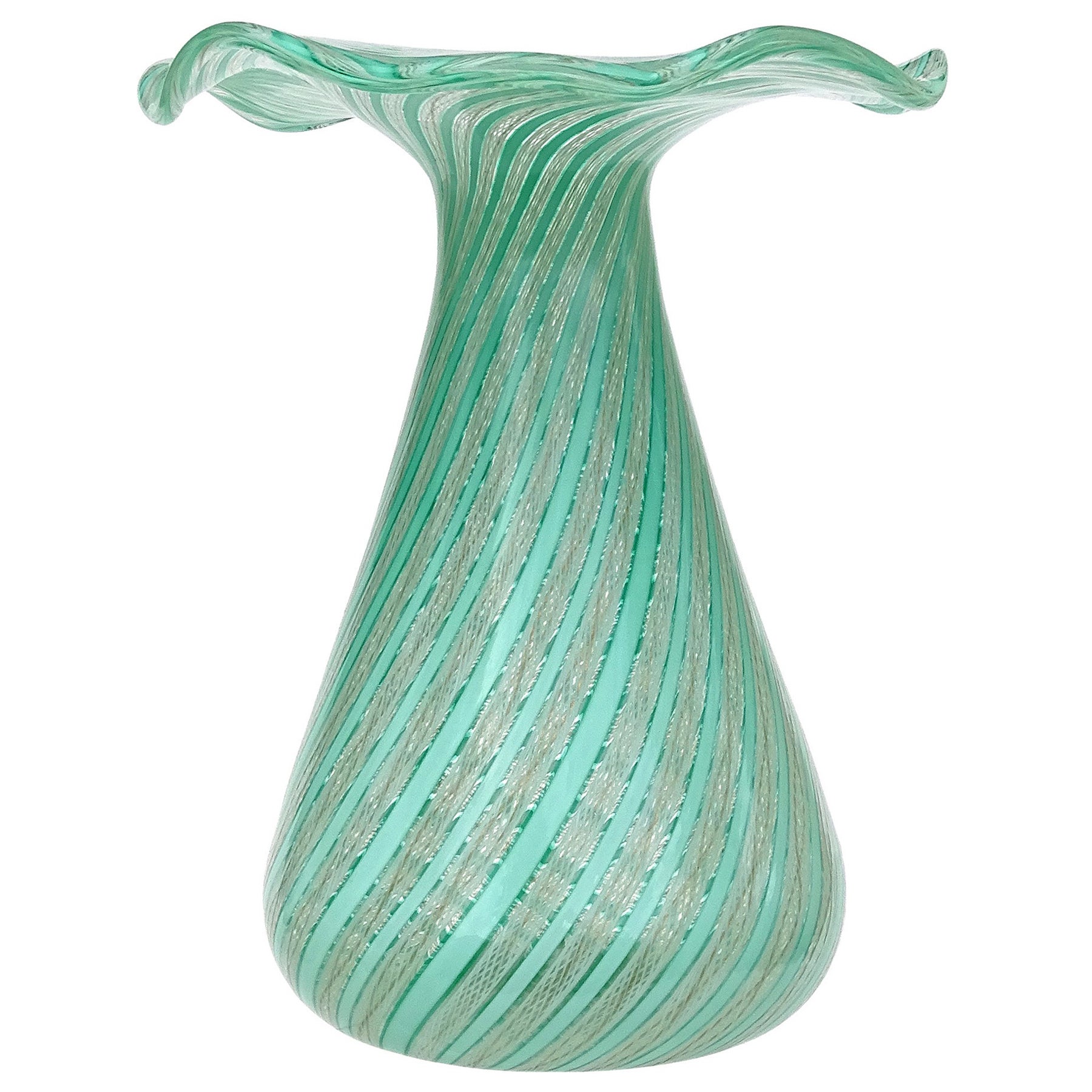 Vase à fleurs évasé en verre d'art italien de Murano avec rubans d'aventurine verts et blancs en vente