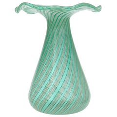 Retro Murano Green White Aventurine Ribbons Italian Art Glass Flared Rim Flower Vase