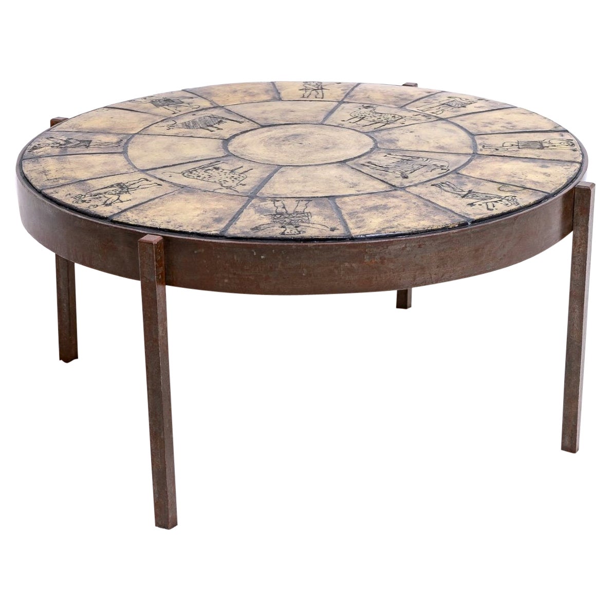 Circular Wrought Iron & Enamelled Ceramic Coffee Table - Jacques Blin - XXth  For Sale