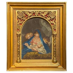 Antique 19th Century Tapestry Madonna and a Child Surrounded with Angels