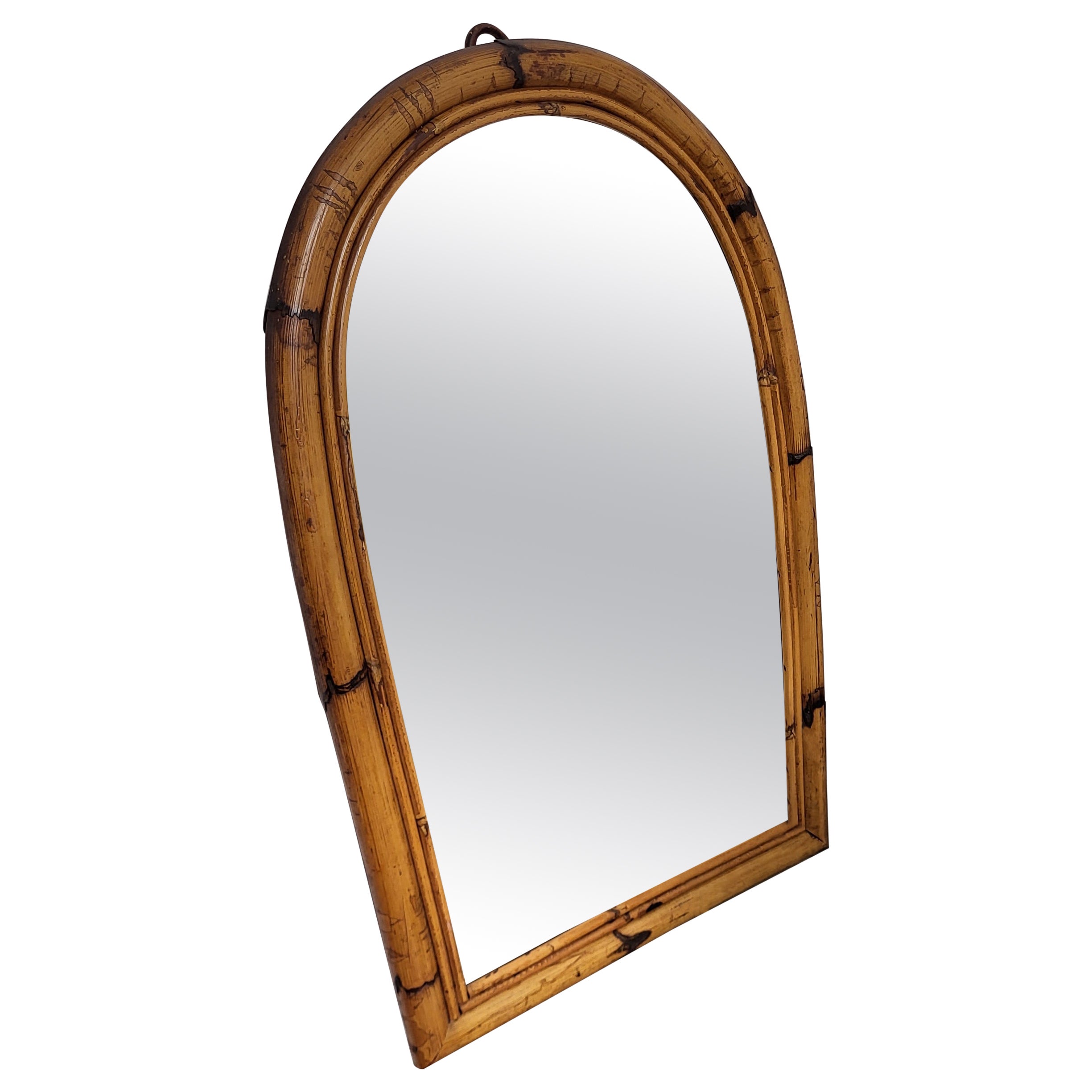 1960s Italian Bamboo Rattan Bohemian French Riviera Arched Wall Mirror For Sale