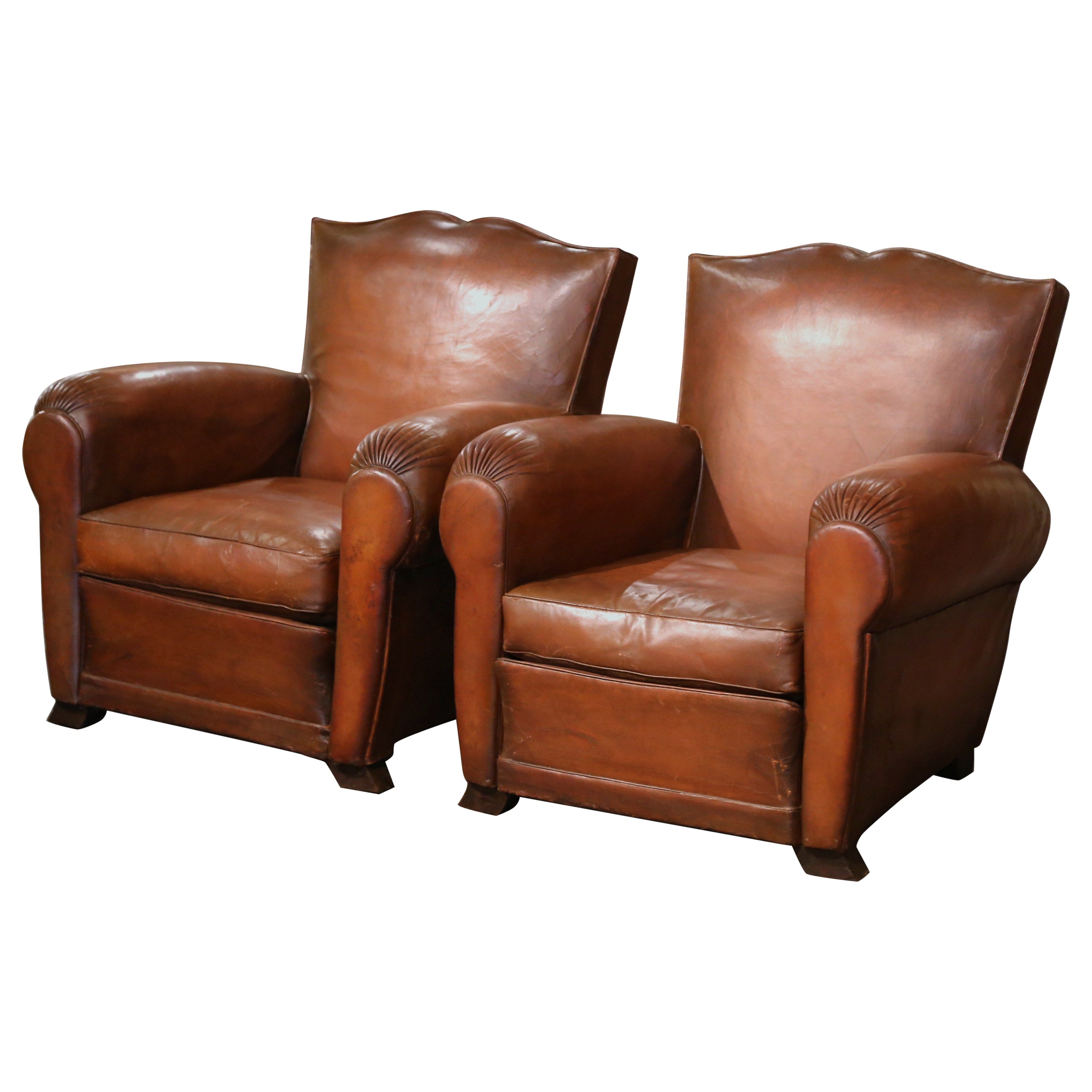 Pair of Early 20th Century French Brown Leather Club Armchairs "Moustache Syle"
