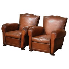 Antique Pair of Early 20th Century French Brown Leather Club Armchairs "Moustache Syle"