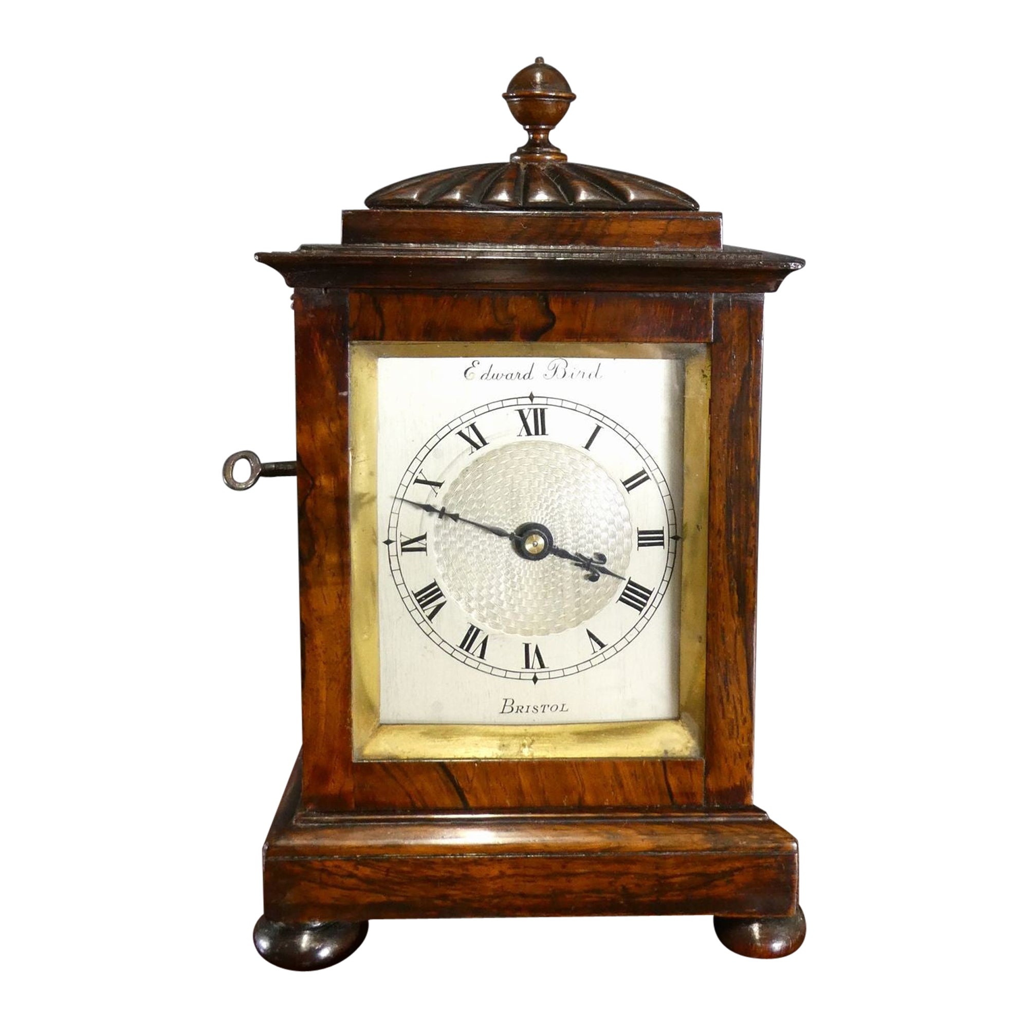 Miniature Rosewood Antique Mantel Clock, Edward Bird, Bristol For Sale